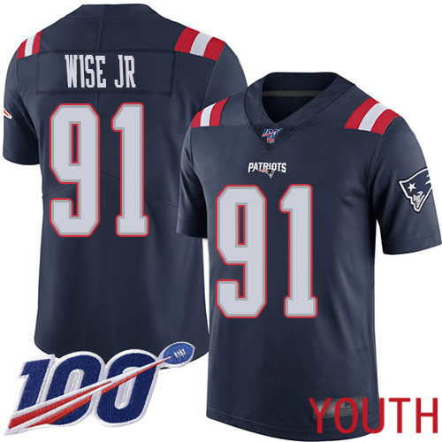 New England Patriots Football #91 100th Season Limited Navy Blue Youth Deatrich Wise Jr NFL Jersey
